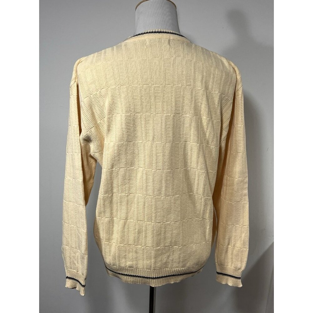 Vtg Carmel Cotton Knit Sweater Cream Yellow Blue Trim Golfer Made in USA L Golf - Picture 4 of 11